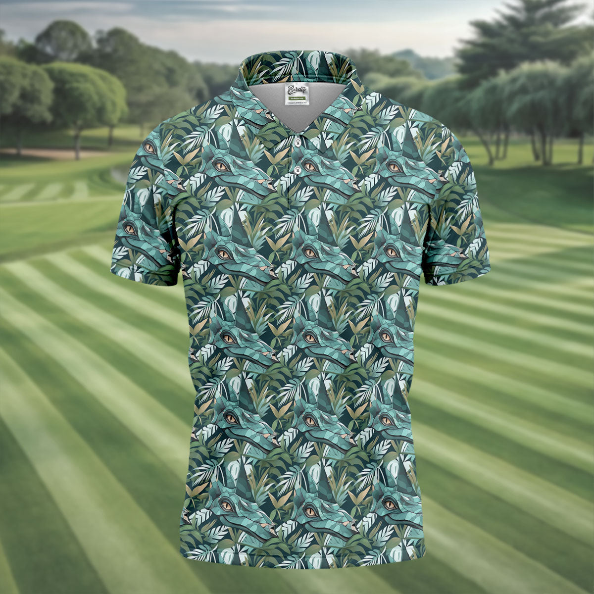 Dinosaur Head Tropical Vibe Golf Tops For Men, Polo ShirtFor Men, Golf Shirts For Men