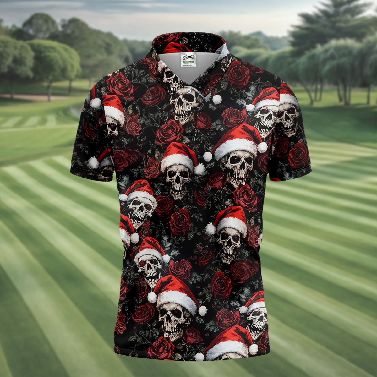 Vintage Skull And Roses Christmas Golf Shirt, Cool Golf Outfit, Polo Shirtor Men, Golf Shirts For Men
