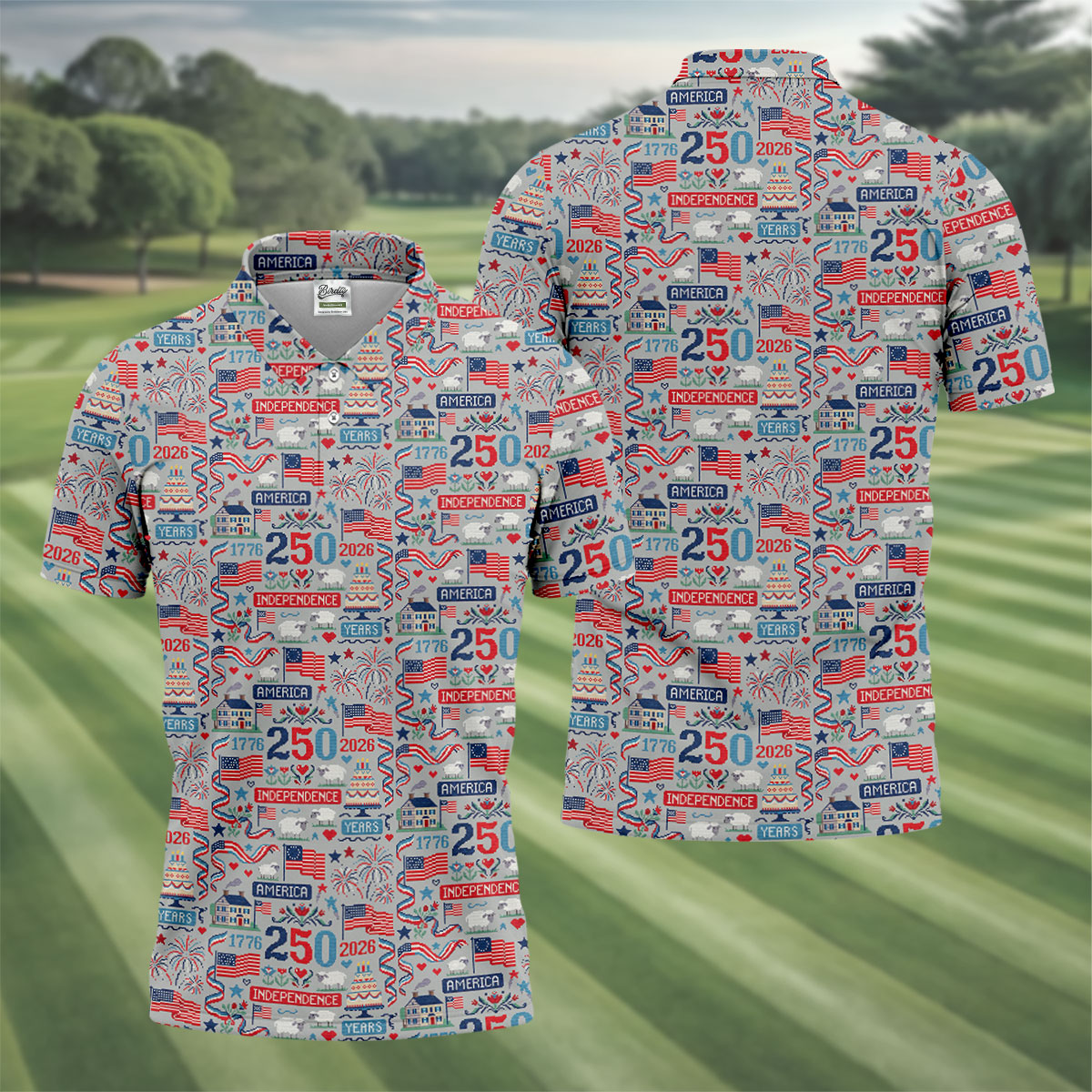America Independence 250 Years Grey Golf Shirt, Patriotic 4th Of July Golf Shirts For Men