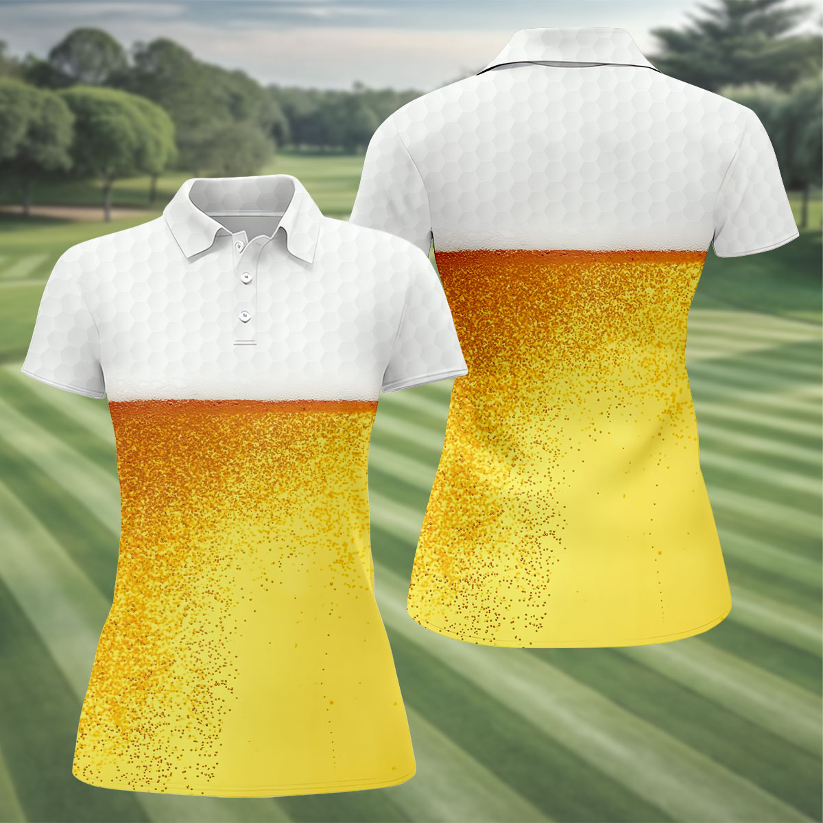 Cold Beer Print Golf Top, Beer Glass Pattern Design, Golf Shirts For Women
