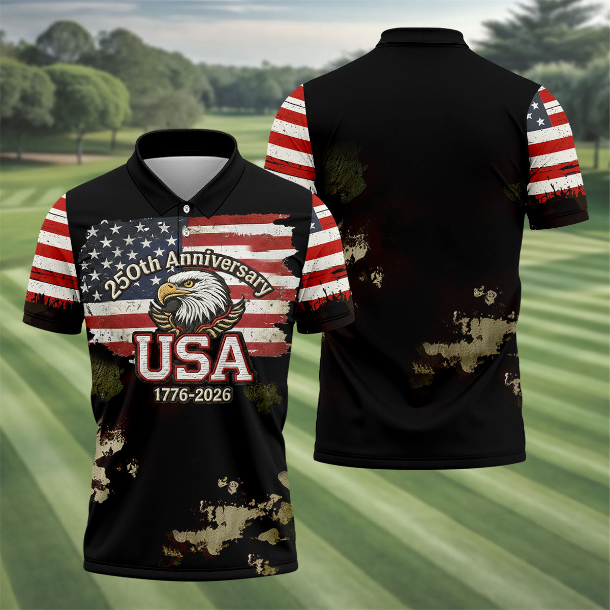 250th Anniversary USA 1776-2026 Distressed Flag Men's Golf Polo ShirtPatriotic 4th Of July Golf Shirt