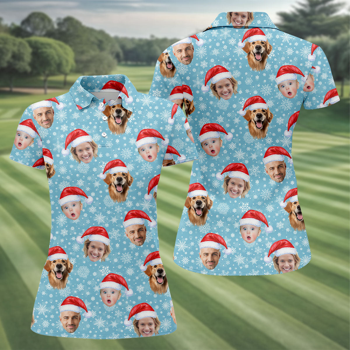 Custom Face Snowflakes Print Ice Blue Christmas Golf Shirt, Ladies Golf Shirts, Golf Gifts For Women