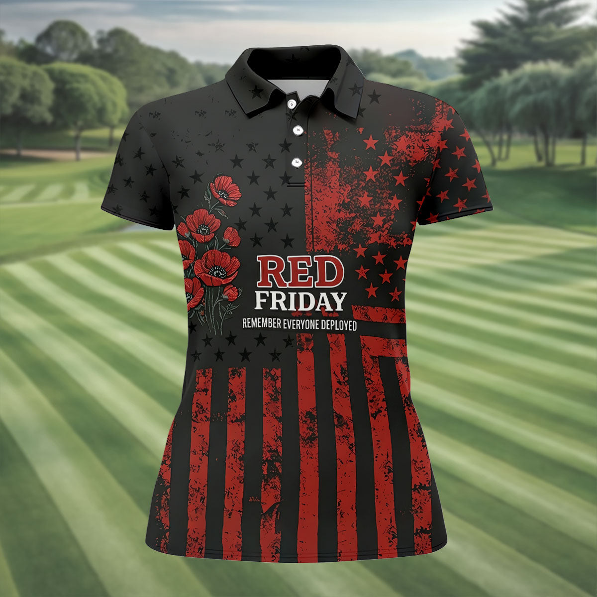 Red Friday American Flag Poppy Golf Polo Shirt, Ladies Golf Shirt, Golf Tops For Women