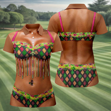 Muscle Body Funny Print Mardi Gras Golf Shirt, Fun Women's Golf Shirts, Women's Golf Tops, Ladies Golf Polos