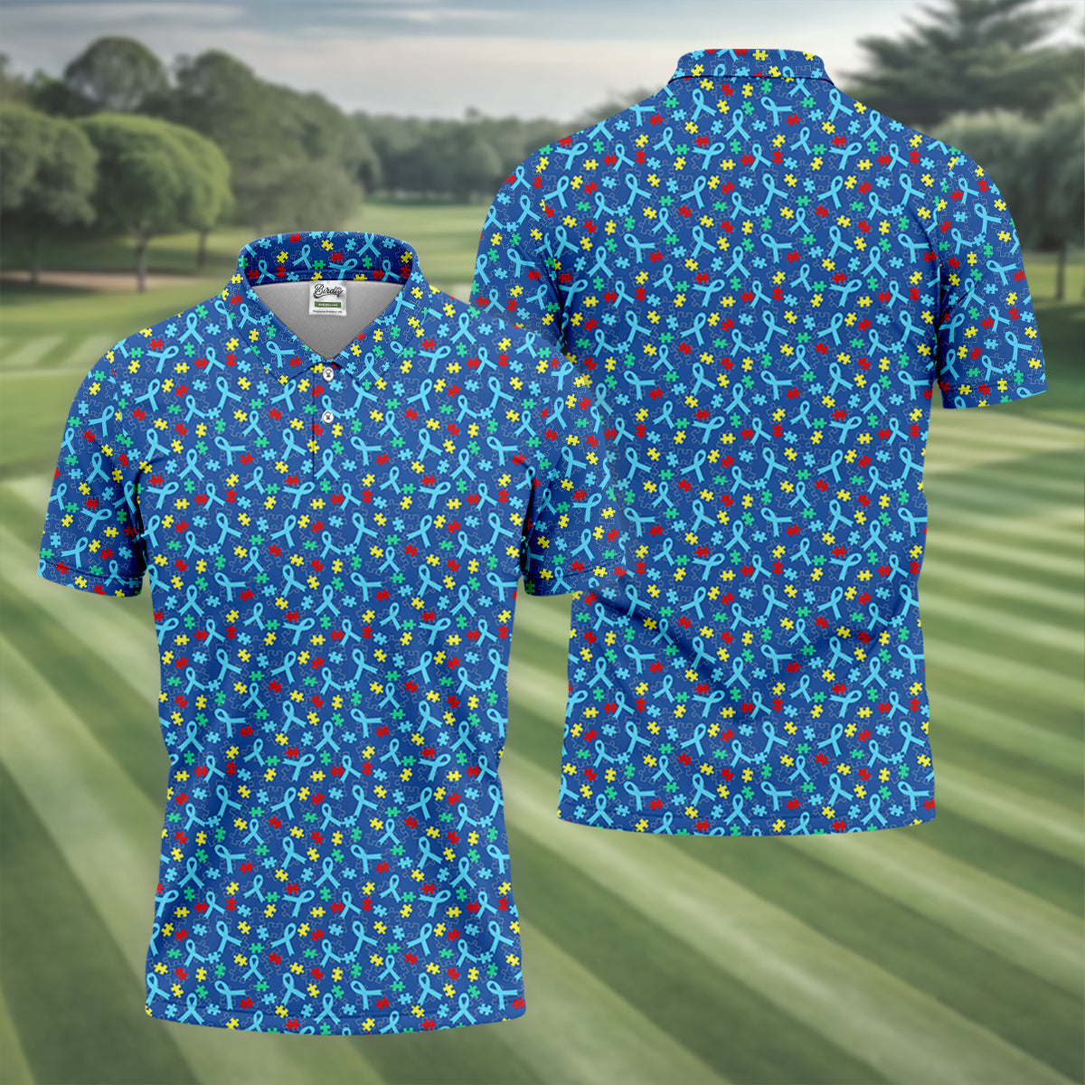Autism Awareness Ribbon And Colorful Puzzles Blue Golf Shirt, Golf Shirts For Men, Polo ShirtFor Men