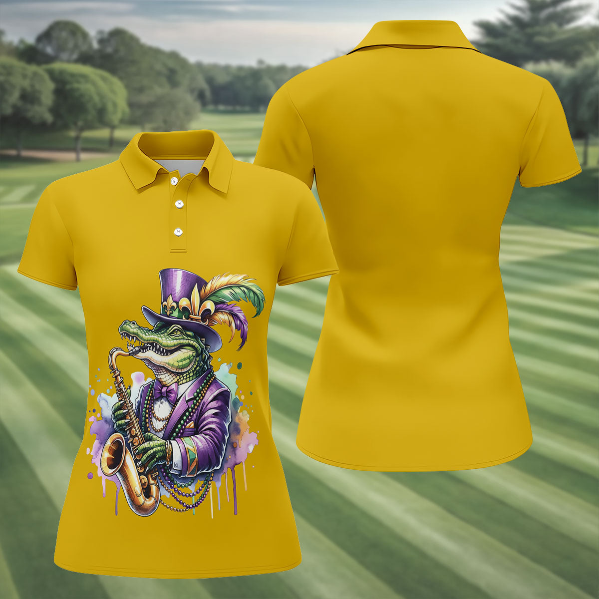 Mardi Gras Alligator Playing Saxophone Yellow Golf Shirt, Women's Golf Tops, Ladies Golf Shirt