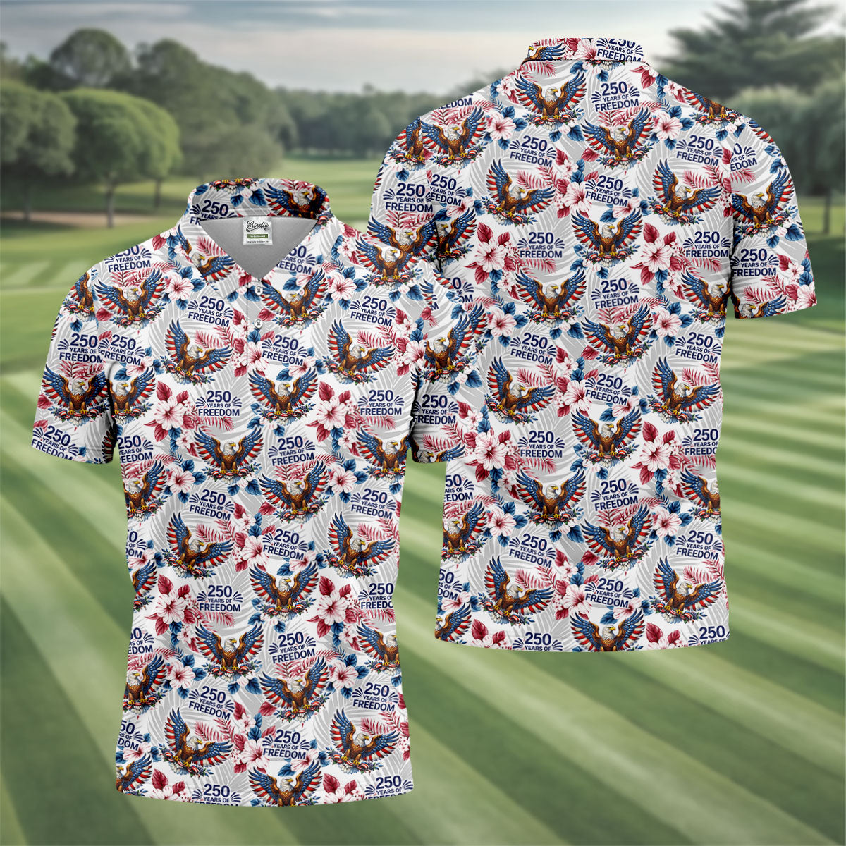 250 Years Of Freedom US Bald Eagle Tropical Theme Golf Tops For Men, Patriotic 4th Of July Golf Shirts For Men