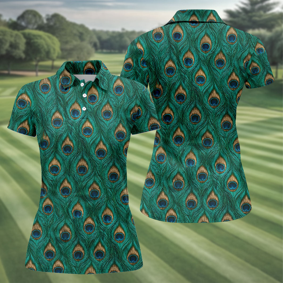 Peacock Feather Pattern Hawaiian Golf Shirt, Hawaiian Golf Shirt, Women’s Golf Apparel, Printed Golf Shirt