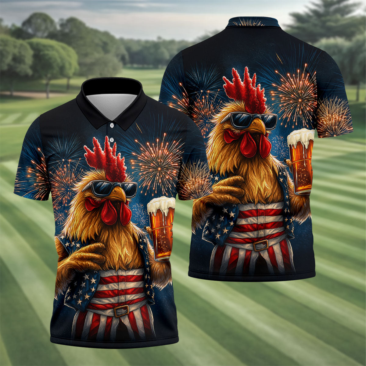 Rooster Beer USA Patriotic Hawaiian Golf Shirt, 250th Anniversary Tropical Vibe Men's Golf Shirt