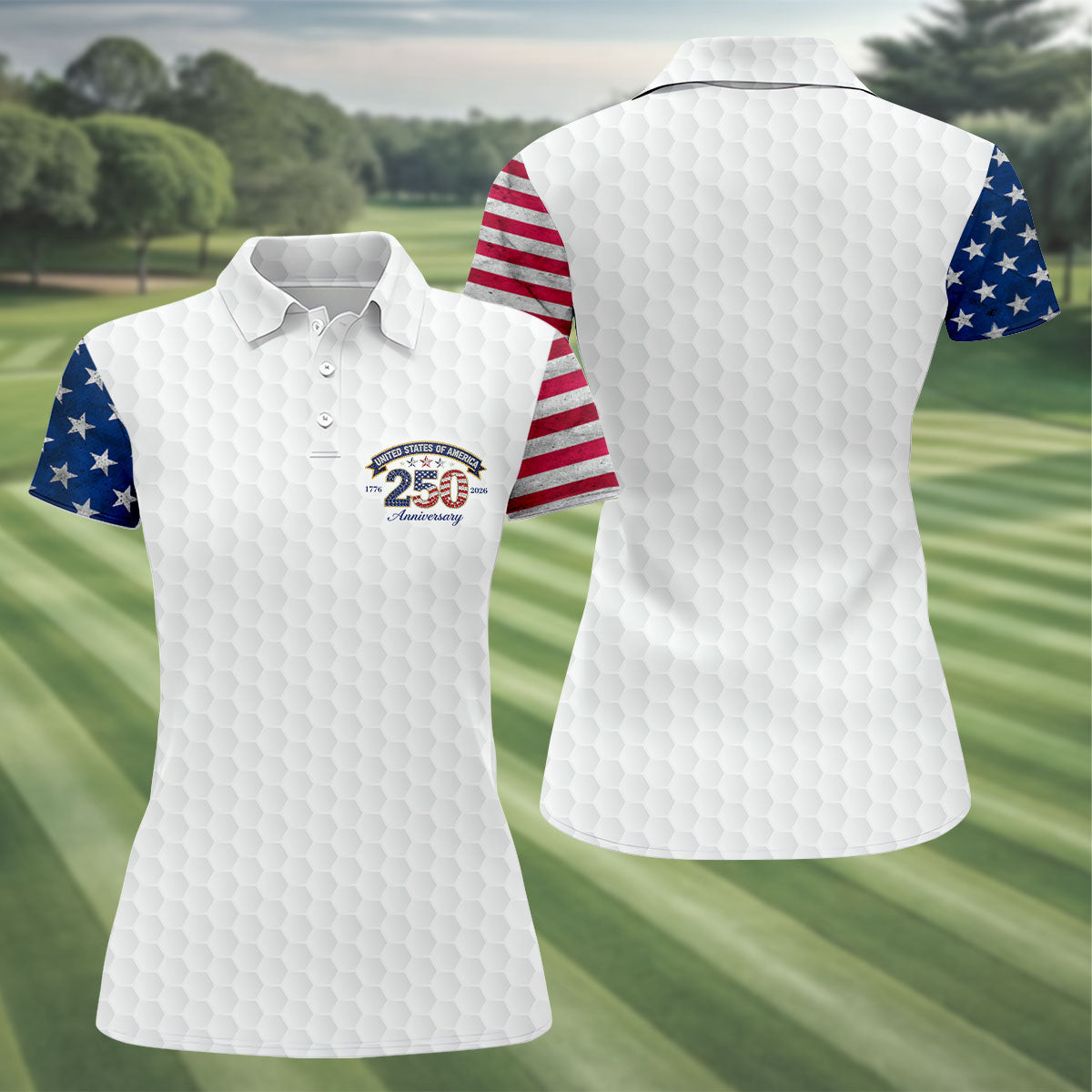 250th Anniversary Golf Ball Pattern White Golf Shirt, Patriotic 4th Of July Golf Shirt, Golf Shirt For Women