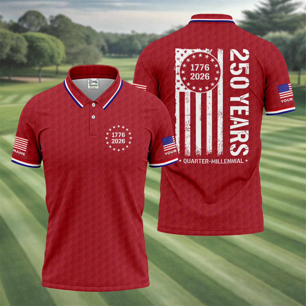 250 Years Quarter Millennnial Golf Ball Pattern Red Patriotic Golf Shirt, 4th Of July Golf Shirts For Men