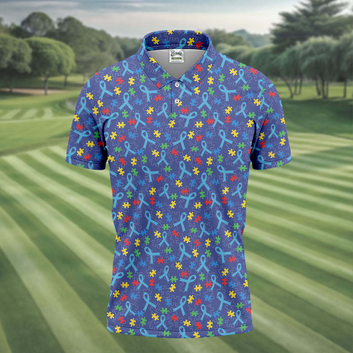 Autism Puzzle Ribbon Pattern Golf Tops For Men, Autism Awareness Color Polo ShirtFor Men, Golf Shirts For Men