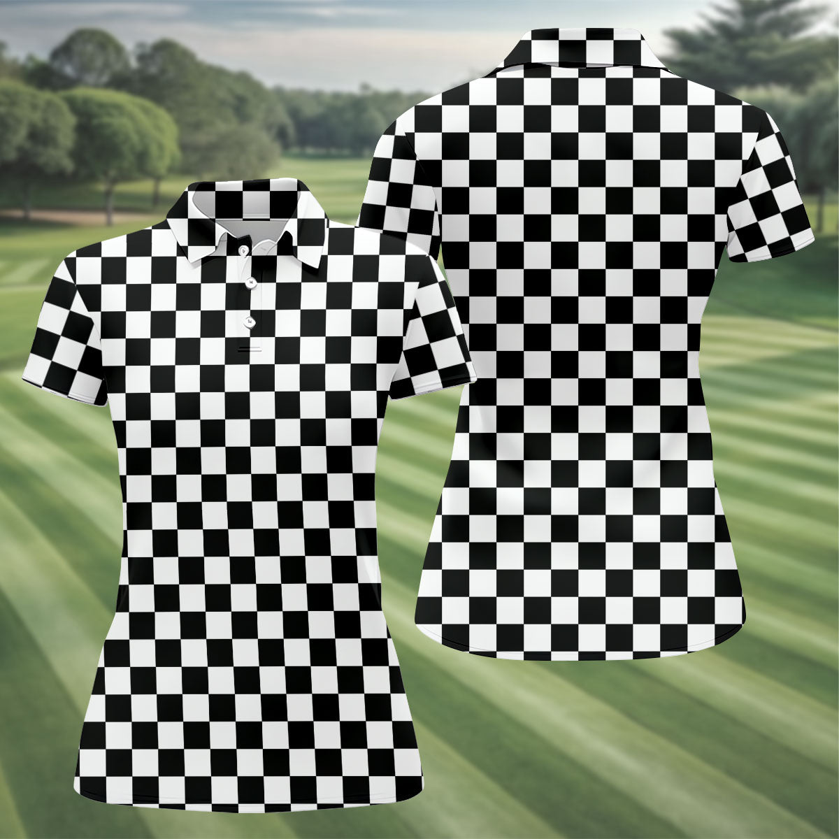 Black White Checkerboard Racing Pattern Golf Shirt, Ladies Golf Shirts, Golf Polo For Women, Performance Golf Shirt