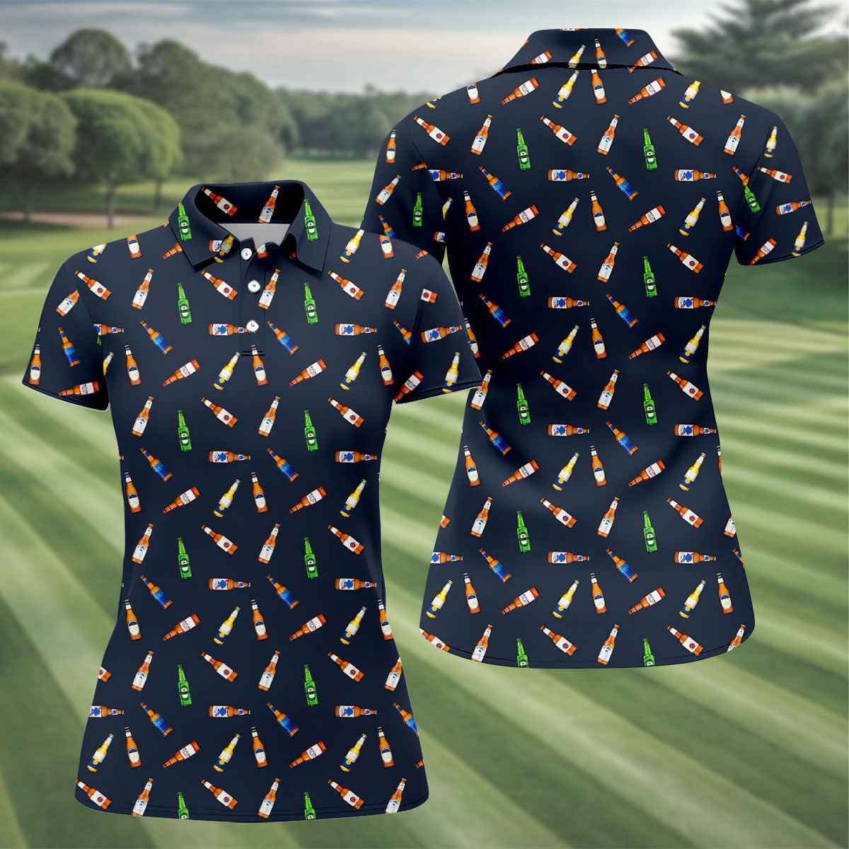 Beer Bottle Labels Seamless Pattern Fun Women's Golf Shirts, Women's Golf Tops, Ladies Golf Shirt
