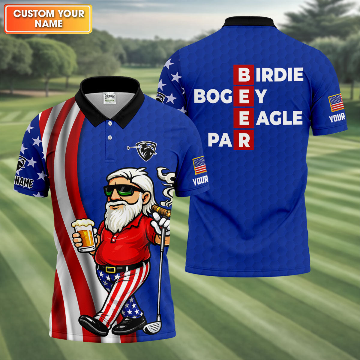Patriotic Man Golf And Beer Funny 4th Of July Navy Golf Shirt, 250 Years Of America Golf Shirts For Men