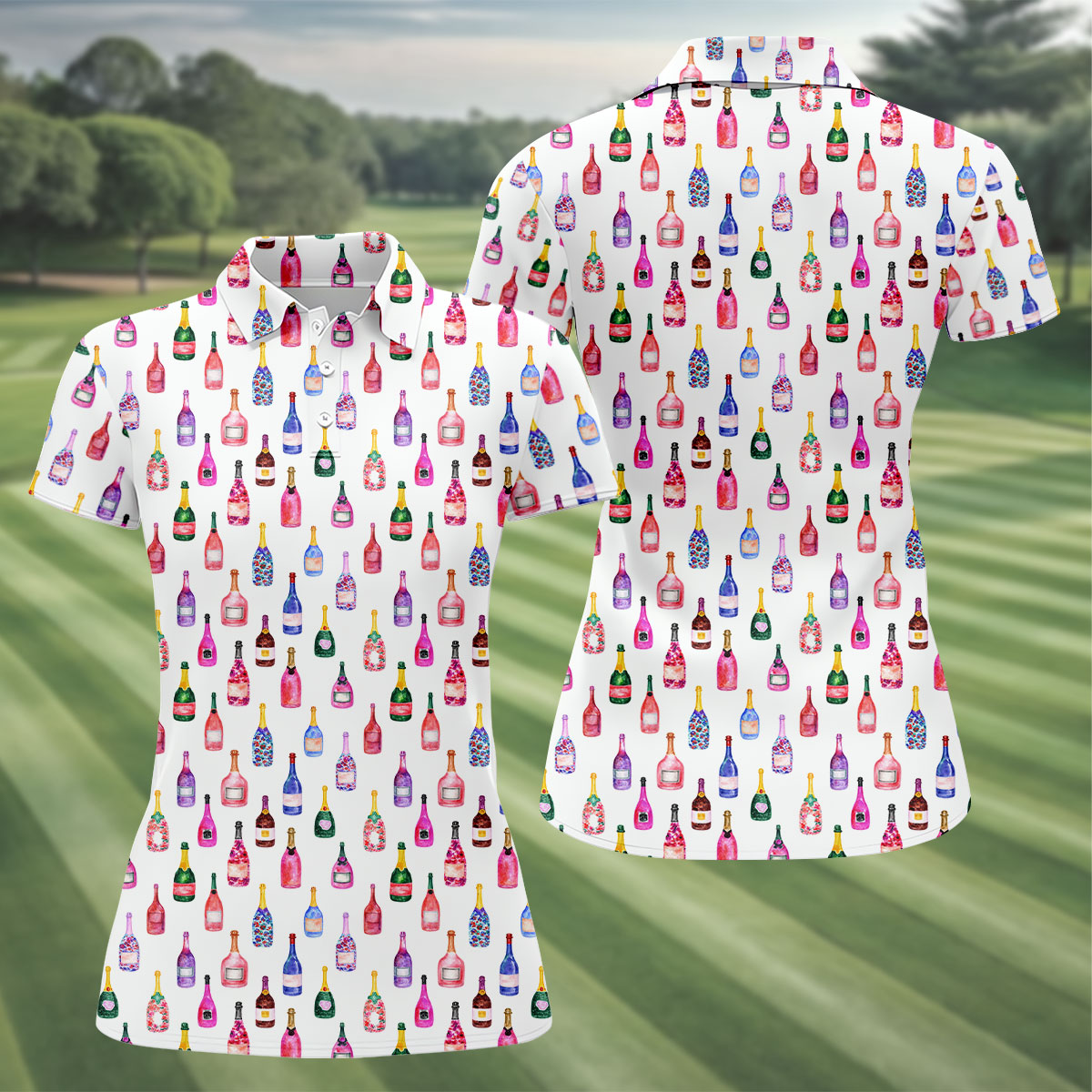Champagne Bottles Seamless Pattern Watercolor Style Retro Golf Shirt, Ladies Golf Polos, Golf Shirt For Women