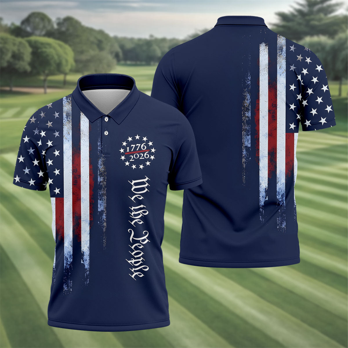 We The People 250 Years Navy Vintage Golf Shirt, Patriotic 4th Of July Golf Shirts For Men