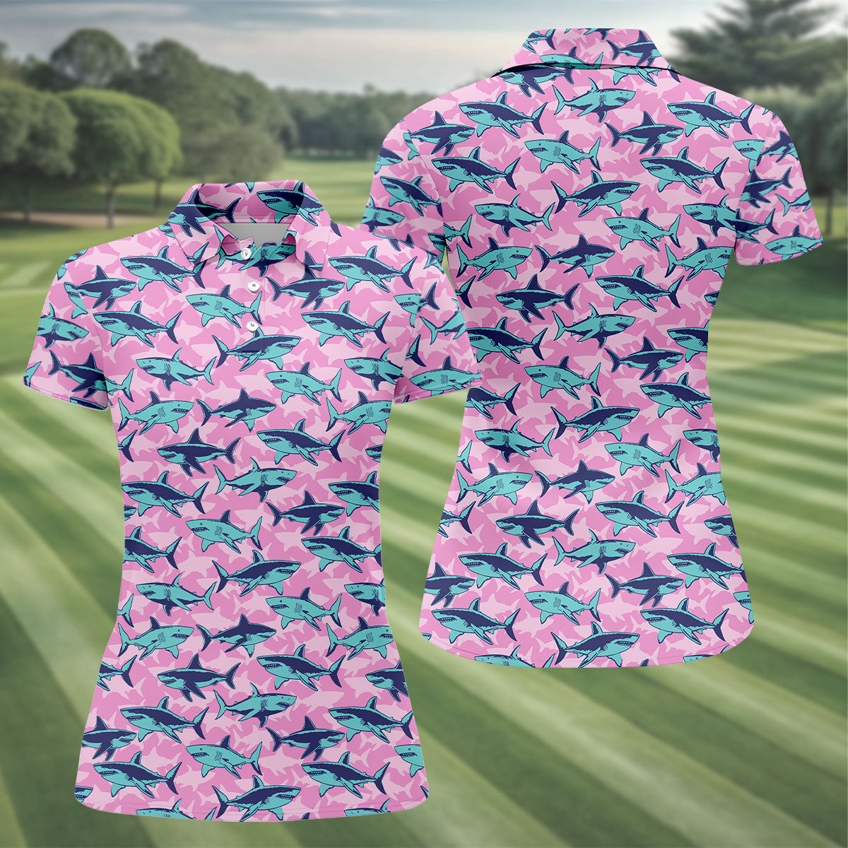 Shark Pattern Hawaiian Golf Shirt, Pink Golf Shirt, Golf Shirt For Women, Golfing Apparel