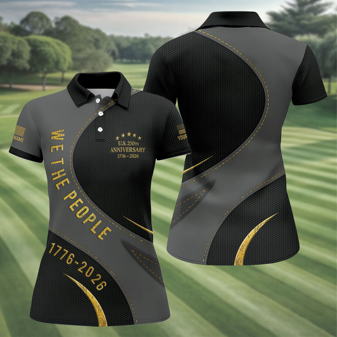 We The People US 250th Anniversary Black And Gold Patriotic Golf Shirt, 4th Of July Golf Shirt For Women