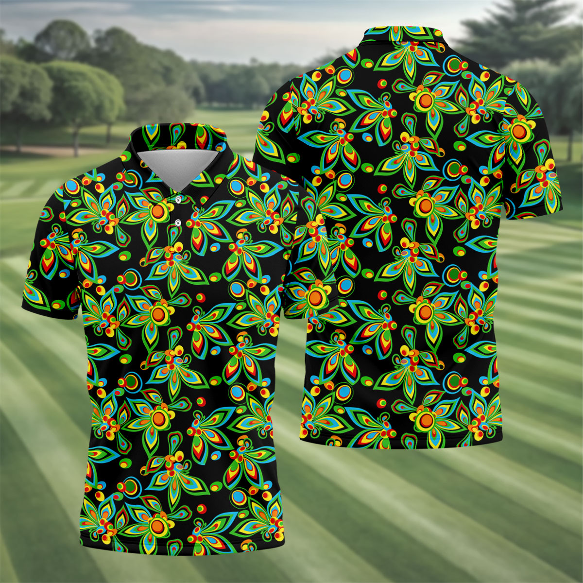 Black Colorful Floral Geometric Pattern Golf Shirt, Men's Golf Shirt, Golf Apparel For Men, Polo Shirts For Men
