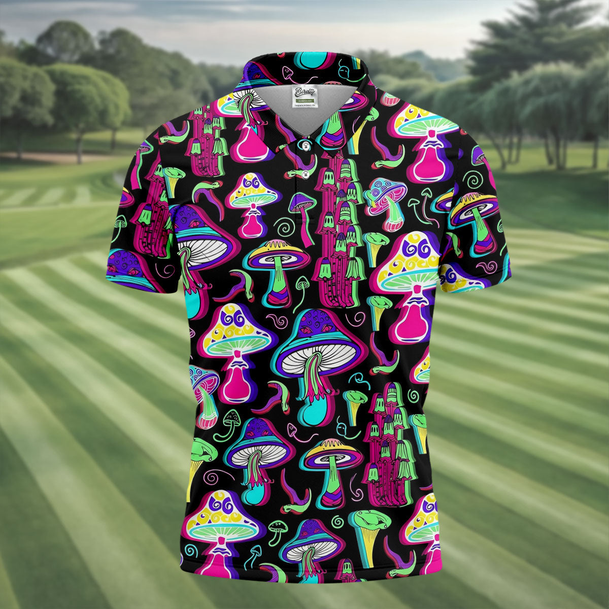Black Neon Mushroom Pattern Golf Shirt, Mens Golf Polo, Golf Apparel For Men, Printed Golf Shirts