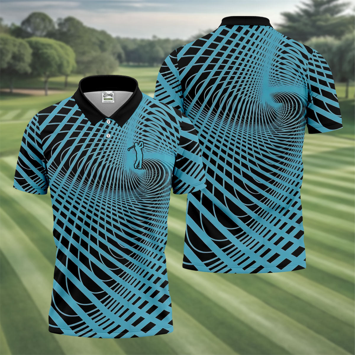 Swirling Vortex Black And Light Blue Golf Shirts For Men, Polo ShirtFor Men, Golfing Apparel
