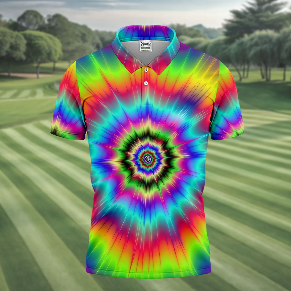 Rainbow Tie Dye Golf Shirt, Psychedelic Spiral Burst Pattern, Golf Shirt For Men