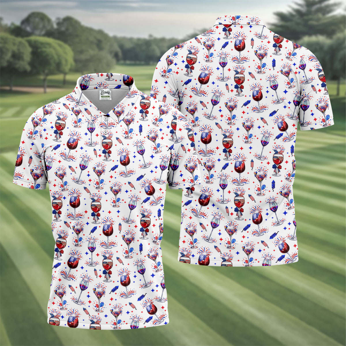 Wine And Martini American Flag Pattern Patriotic 4th Of July White Golf Shirt, 250th Anniversary Golf Shirts For Men