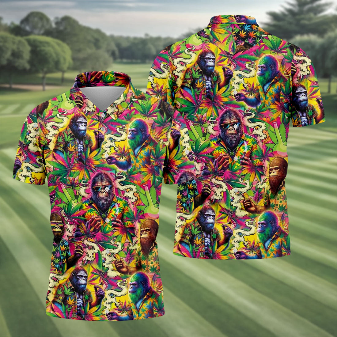 Psychedelic Bigfoot Cannabis Leaf Hawaiian Polo Shirt, Mens Golf Shirts, Golf Apparel For Men