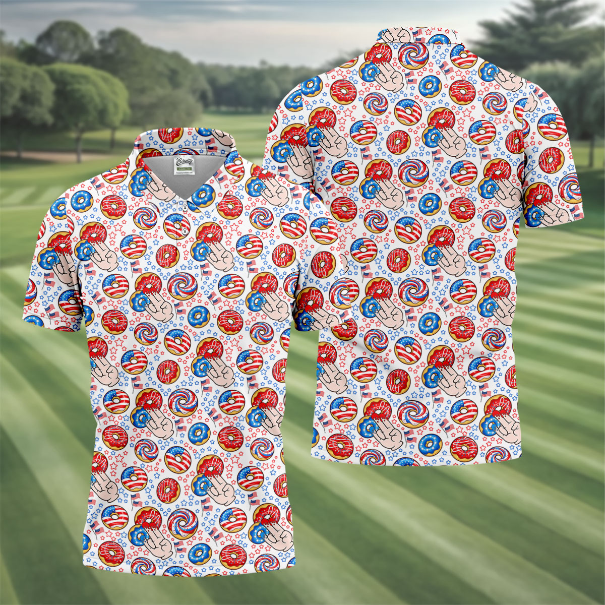 Donut Finger Funny Dirty American Flag Pattern White Golf Shirts For Men, 250th Anniversary Patriotic Golf Shirt