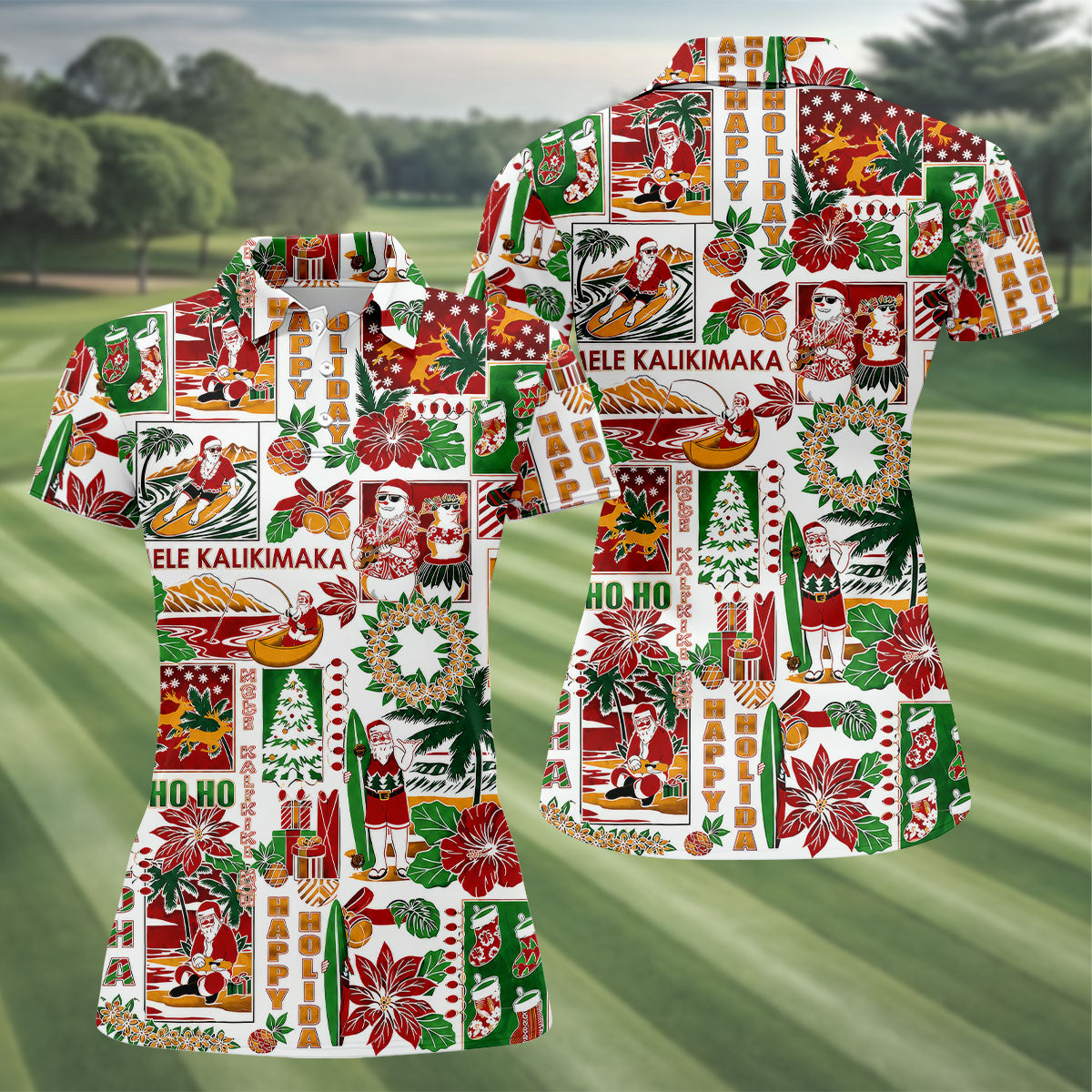 Women's Mele Kalikimaka Hawaiian Christmas Golf Shirt, Tropical Santa Holiday Golf Shirt, Women’s Golf Polo