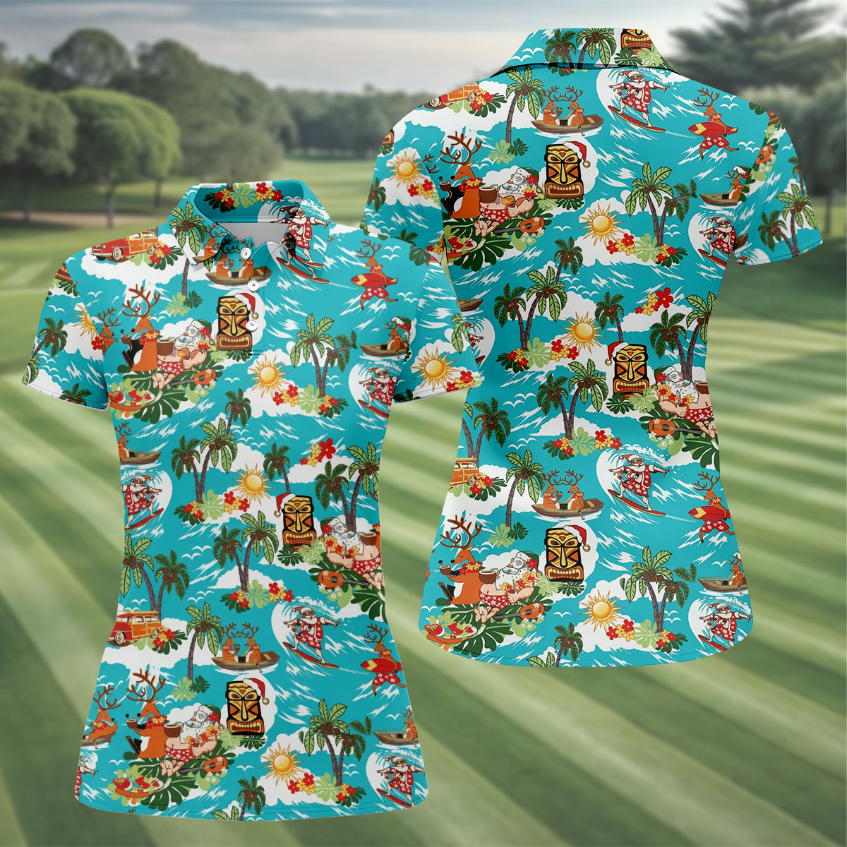 Women's Funny Surfing Santa Hawaiian Golf Shirt, Christmas Golf Shirt, Women’s Golf Polo