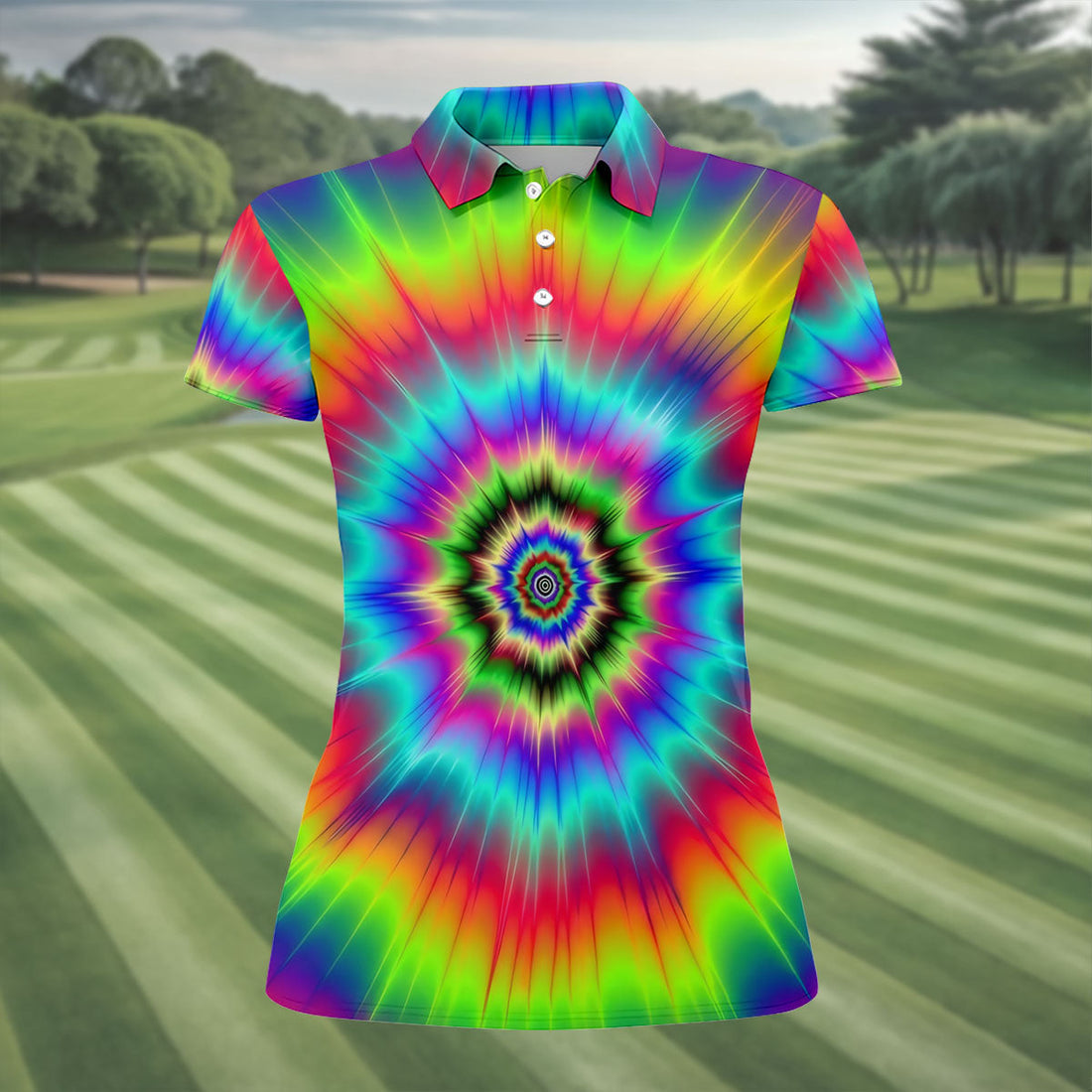 Rainbow Tie Dye Golf Shirt, Psychedelic Spiral Burst Pattern, Golf Shirt For Women