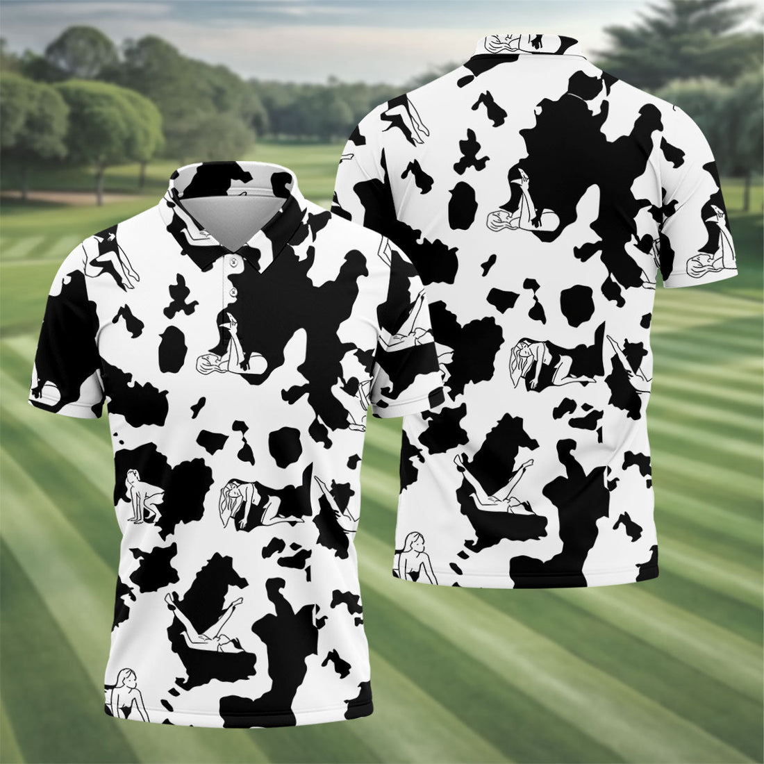 Cow Print Golf Shirt, Adult Humor Hidden Pin Up Pattern, Golf Shirt For Men