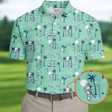 Astronaut Golfing Space Themed Tropical Golf Shirt, Golf Tops For Men, Golf Shirts For Men