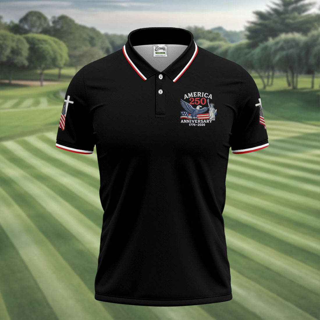 Faith Cross Bald Eagle America 250 Anniversary Black Patriotic Golf Shirt, Golf Shirts For Men