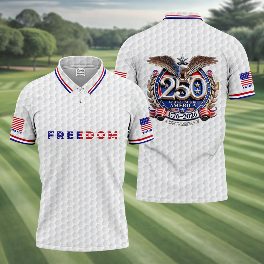 Freedom American Bald Eagle 250th Anniversary White Golf Shirt, Patriotic 4th Of July Golf Shirts For Men