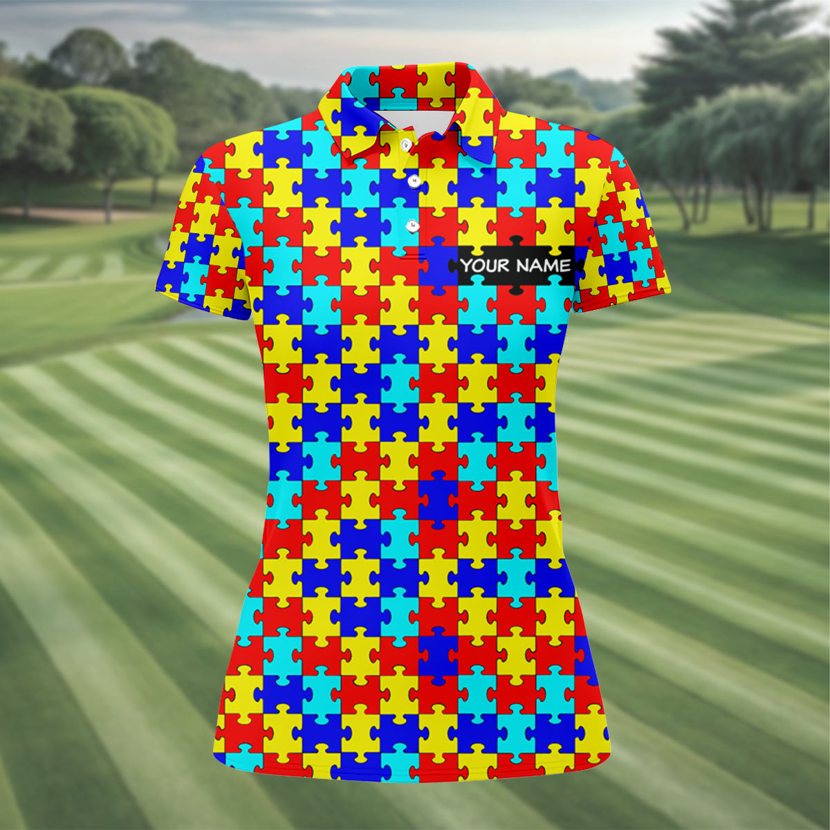 Autism Awareness Colorful Puzzle Pattern Ladies Golf Shirts, Golf Shirt For Women, Ladies Golf Polos