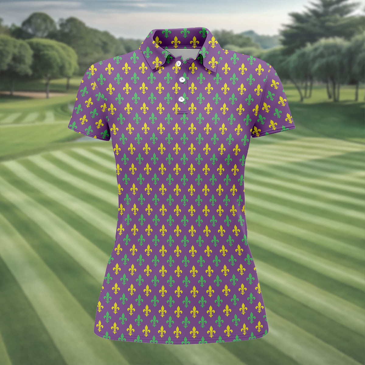 Mardi Gras Theme Green Purple Gold Fleur De Lis Pattern Women's Golf Tops, Golf Gift For Ladies