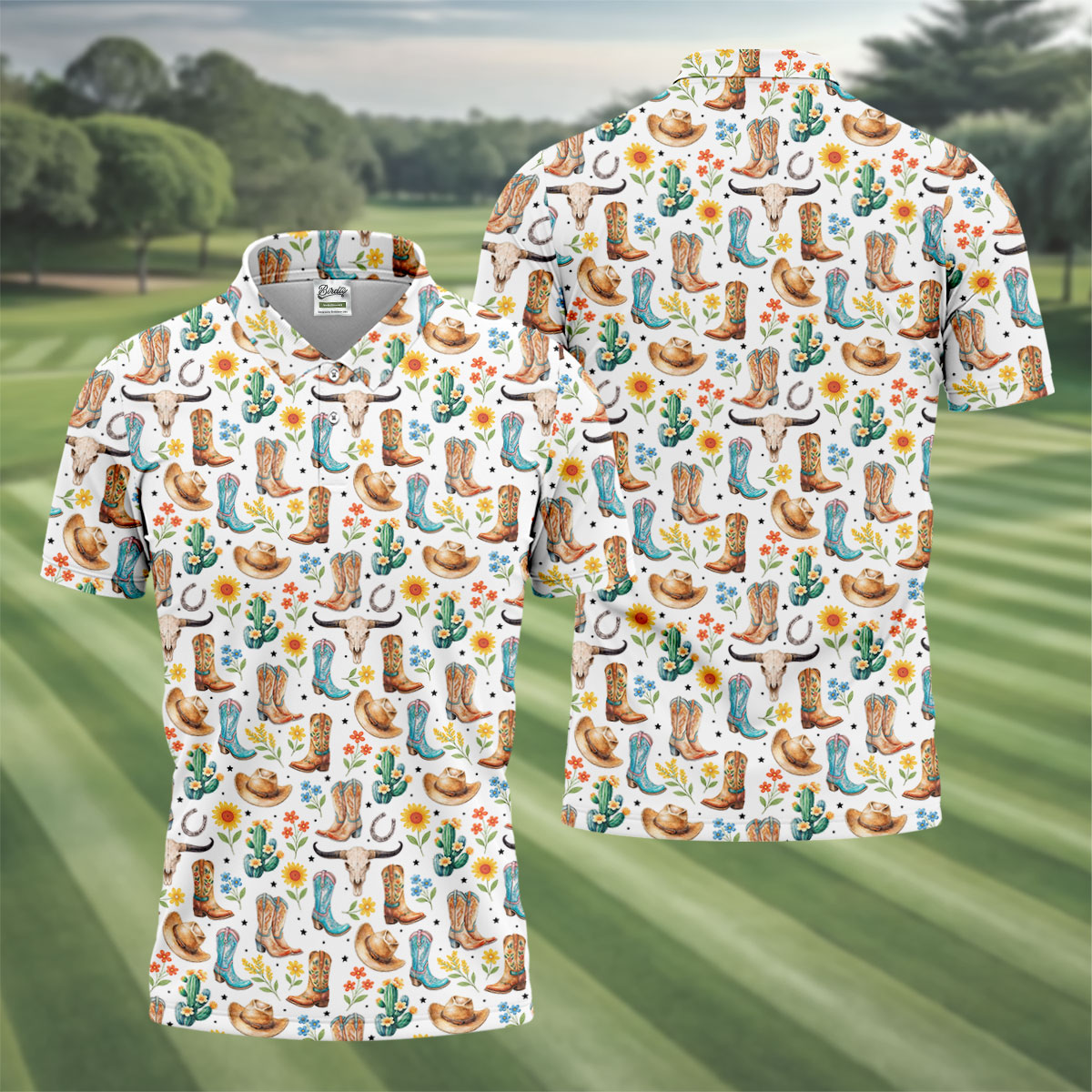 Western Cowboy Boots Floral Pattern Golf Shirt, Mens Golf Apparel, Golf Polo Shirts For Men