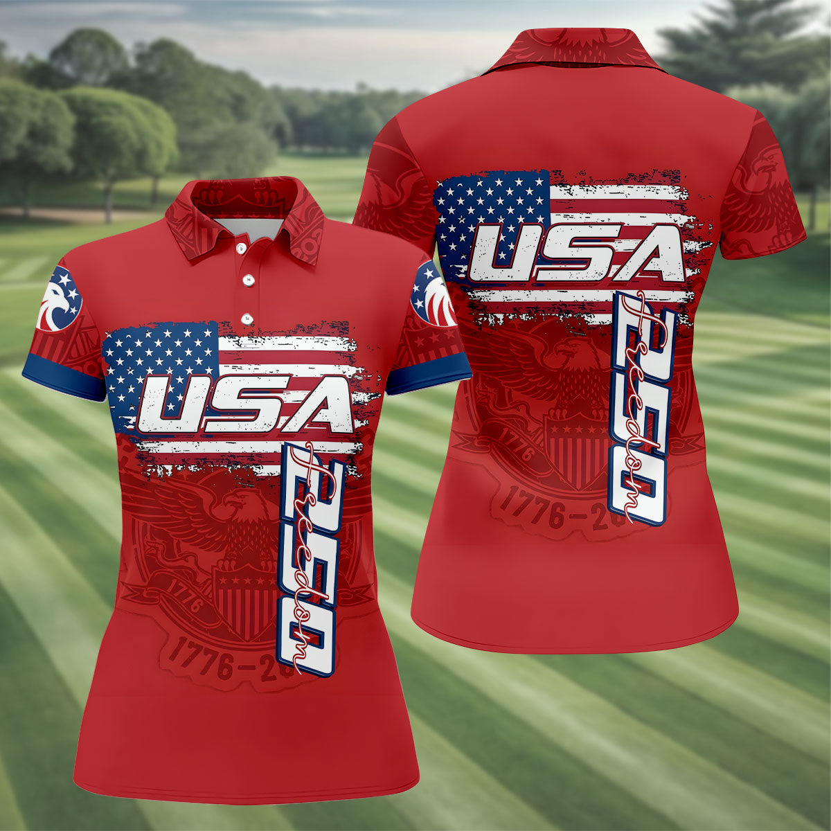 USA 250 Freedom Flag And Bald Eagle Ladies Golf Tops, Patriotic 4th Of July Golf Shirt For Women