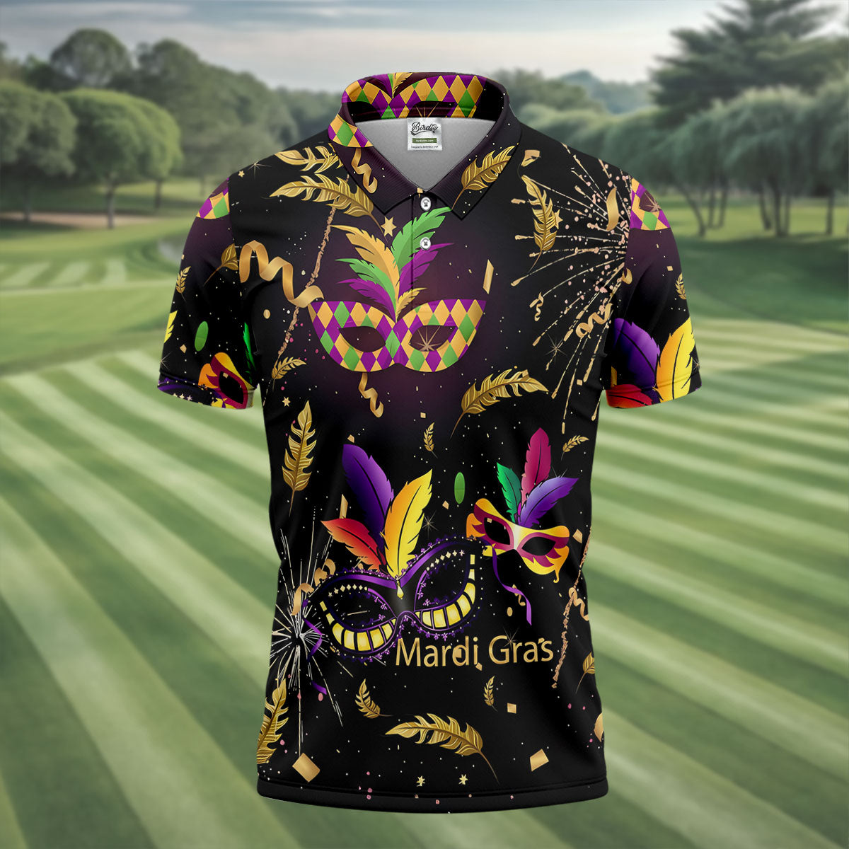 Gold Ribbons Mardi Gras Masquerade Mask Golf Tops For Men, Polo ShirtFor Men, Golf Shirts For Men