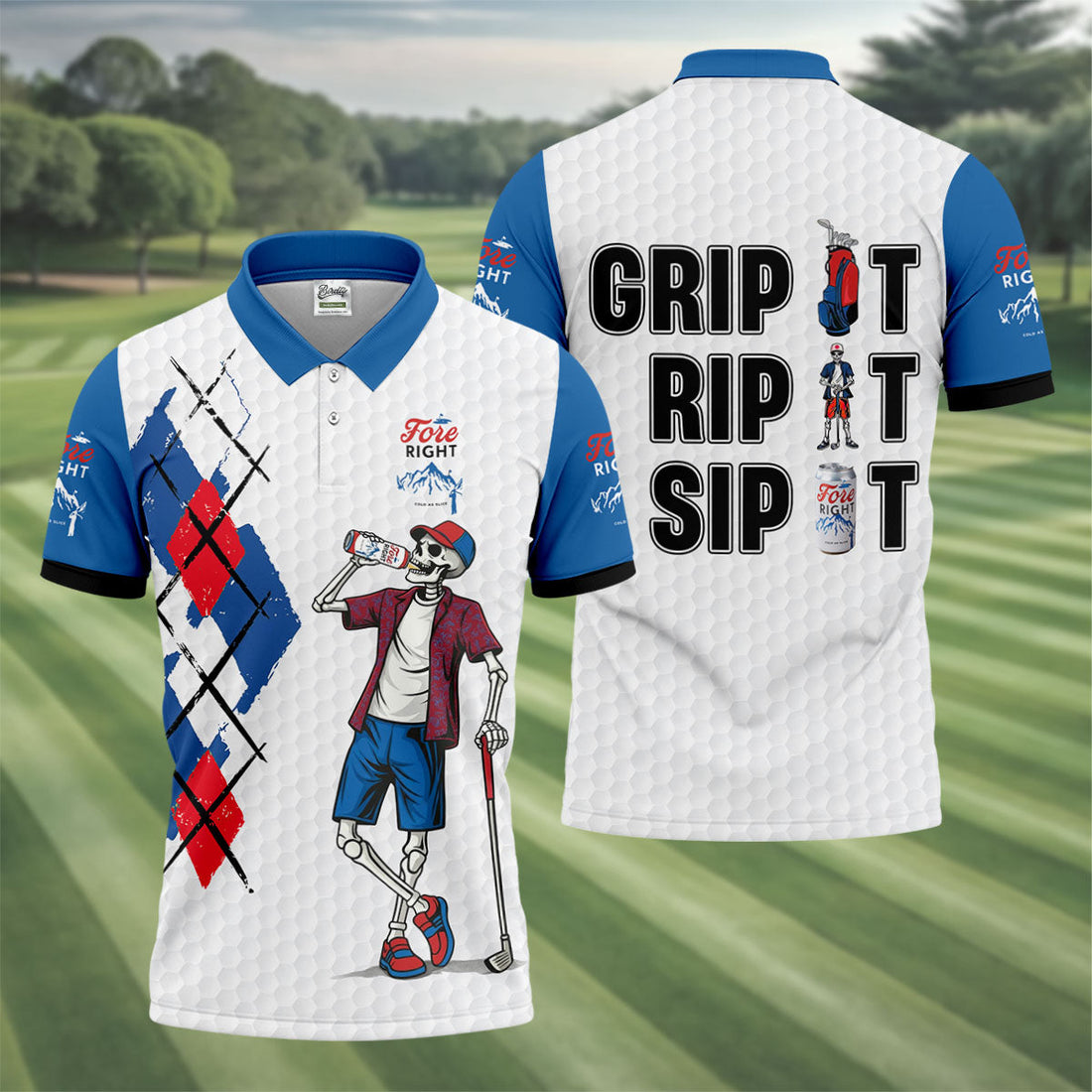 Fore Right Funny Skeleton Golf And Beer Red White Men's Funny Golf Shirts, Polo ShirtFor Men