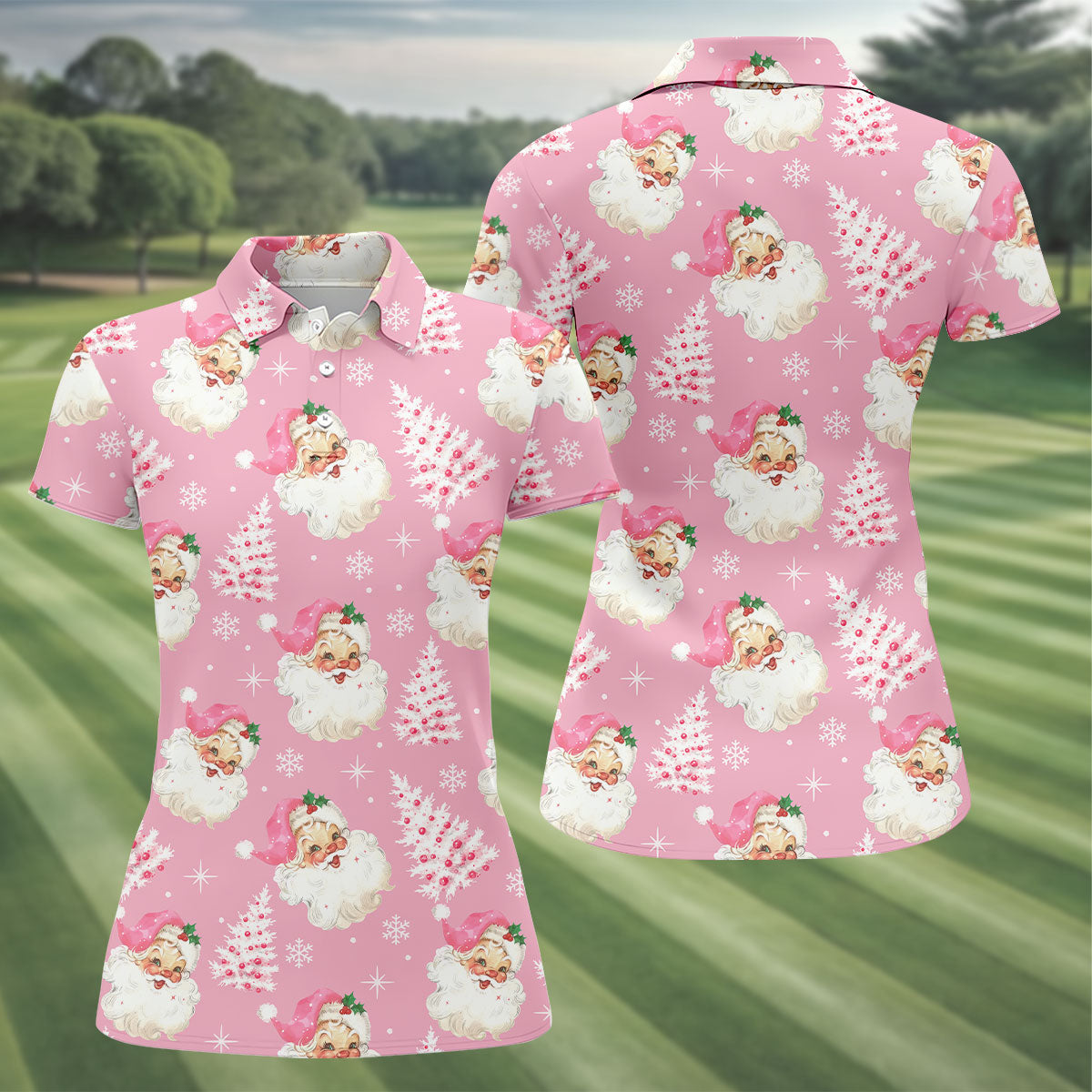Pink Santa Claus Christmas Golf Shirt, Cute Golf Outfit, Women's Golf Tops, Golf Gift For Ladies