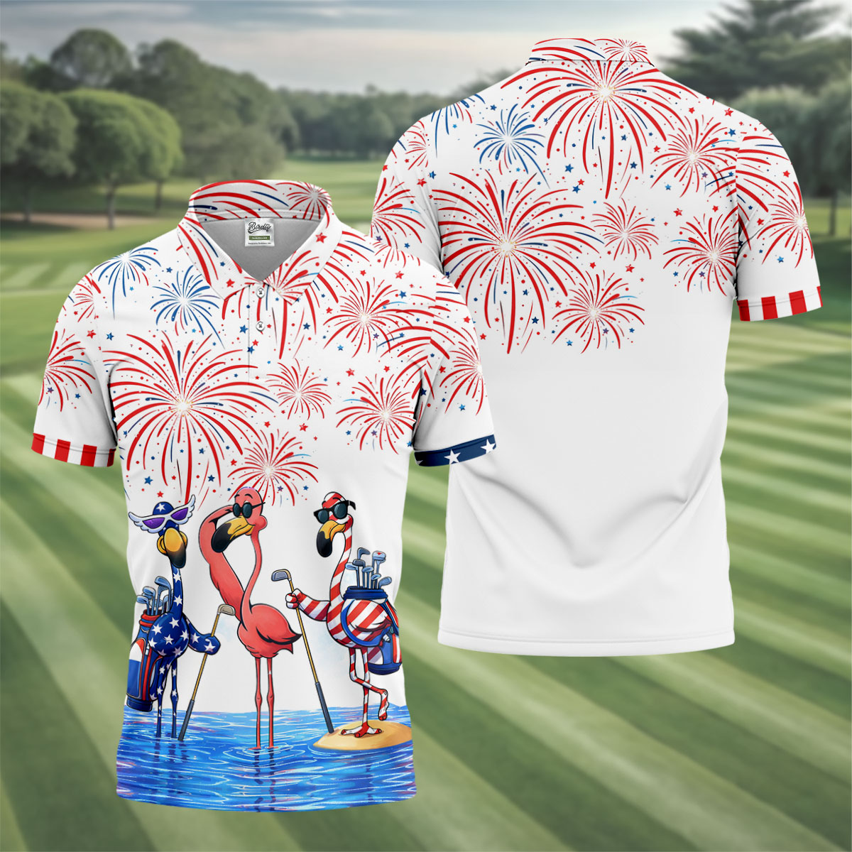 Funny Flamingo American Flag Pattern White Golf Shirt, 250th Anniversary Patriotic Golf Shirt, Golf Shirts For Men