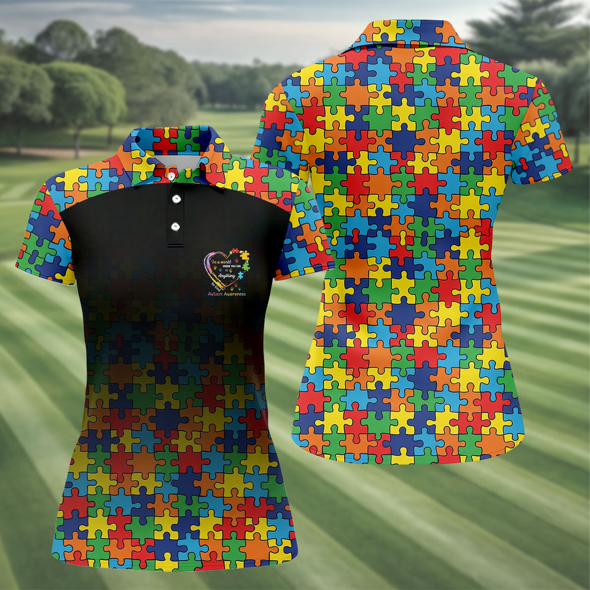 In A World Where You Can Be Anything Be Kind Autism Awareness Puzzle Pattern Black Fade Golf Shirt For Women