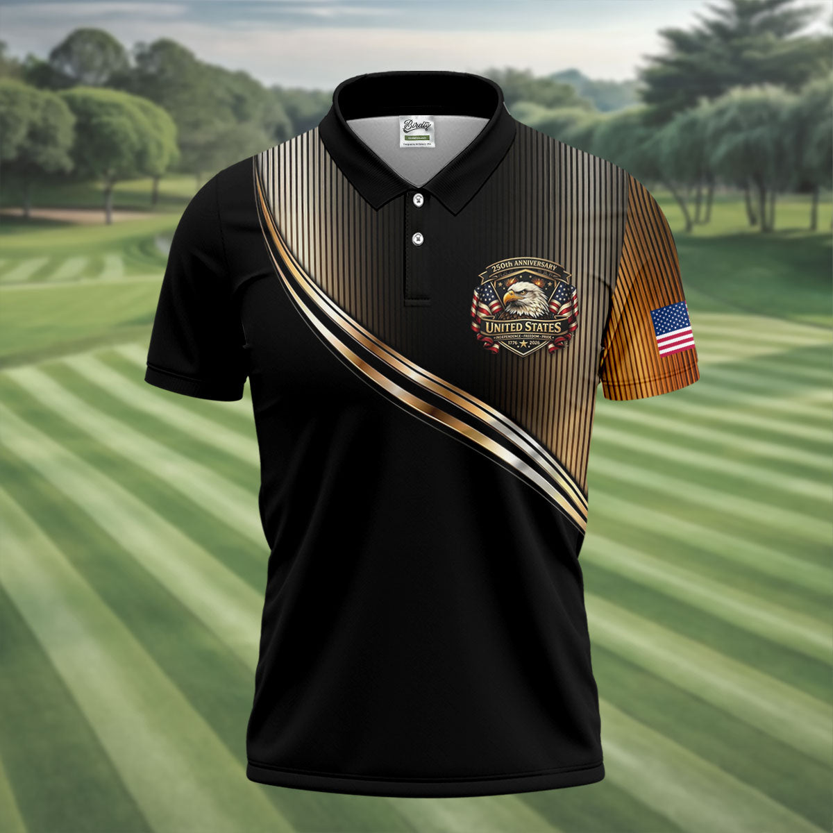250th Anniversary Metallic Looking Patriotic Golf Shirt, 4th Of July Golf Shirts For Men