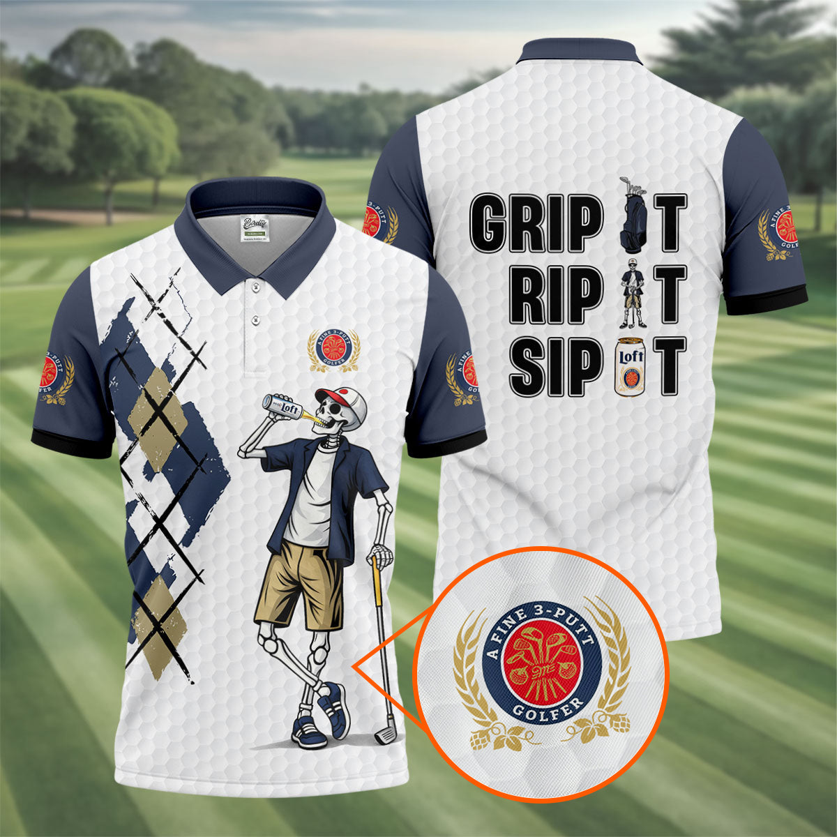 Funny Skeleton Golfer Drinking Beer Polo Shirt, Mens Golf Polo, Golf Apparel For Men