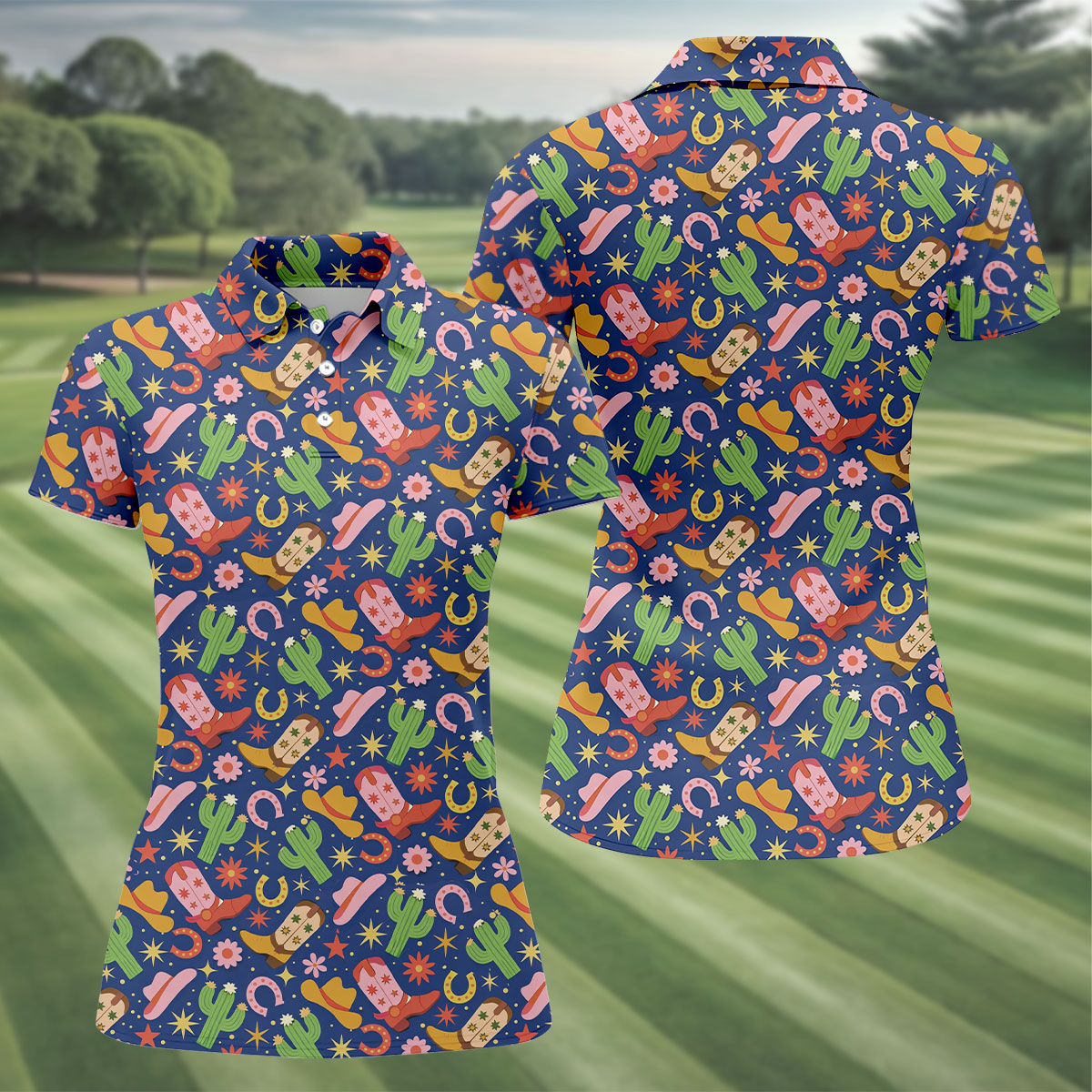 Western Cowboy Golf Shirt, Desert Cactus Horseshoe Pattern, Golf Shirt For Women