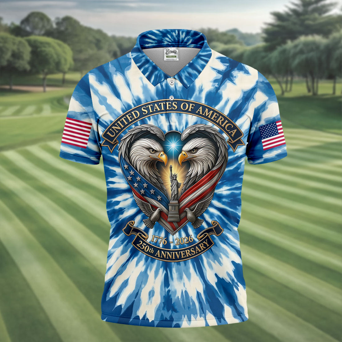 USA 250th Anniversary Tie Dye Print Bald Eagle Golf Shirt, Patriotic 4th Of July Golf Shirts For Men